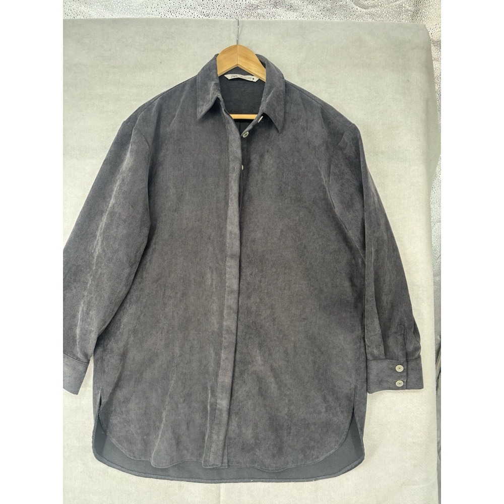 Zara Women's S Oversized Black Corduroy Button Up Shirt Jacket L/SL Stretch